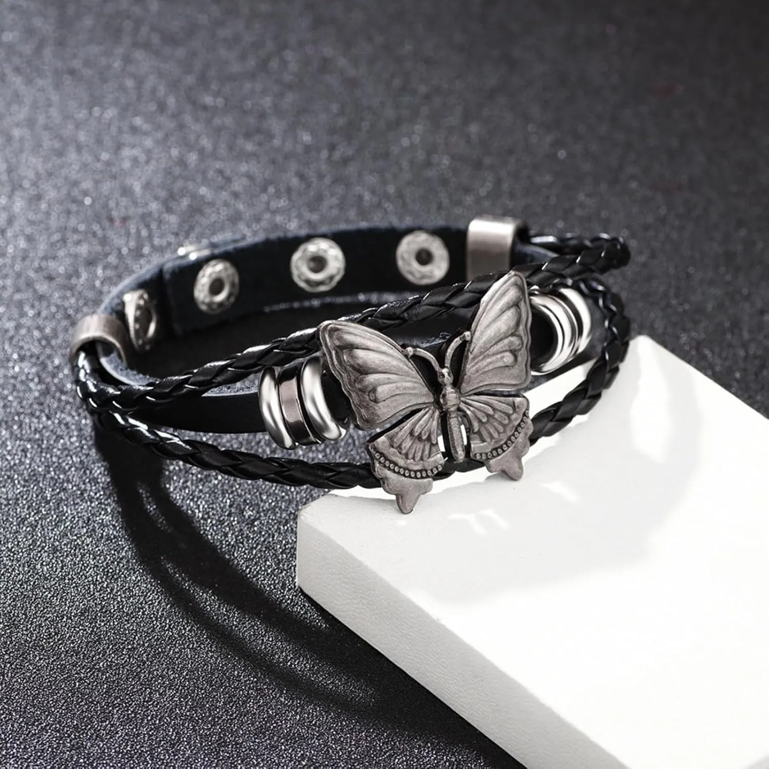 Cuff Bracelet for Women Trendy Pop Punk Grunge Retro Butterfly Faux Leather Rivet Silver Black Chocker Set Adjustable