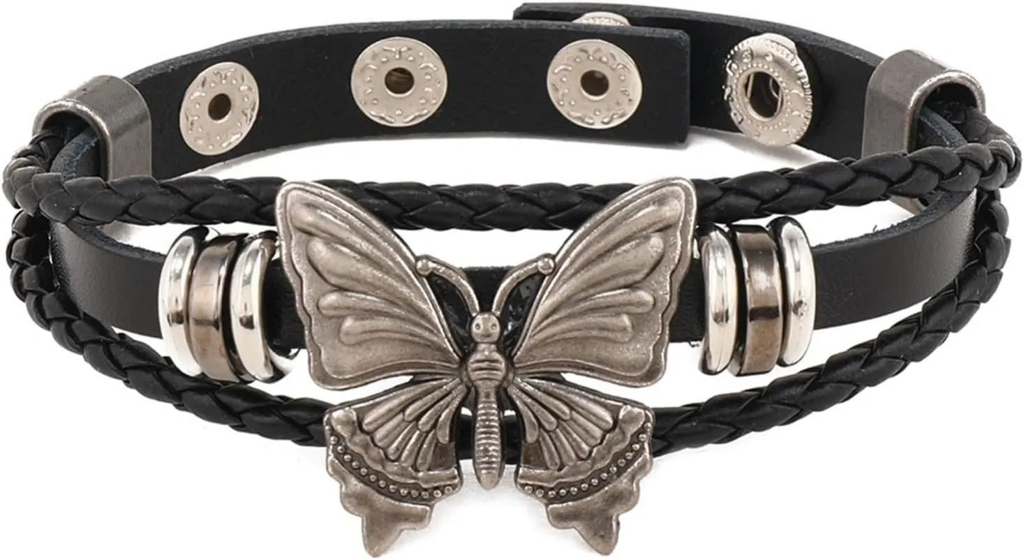 Cuff Bracelet for Women Trendy Pop Punk Grunge Retro Butterfly Faux Leather Rivet Silver Black Chocker Set Adjustable