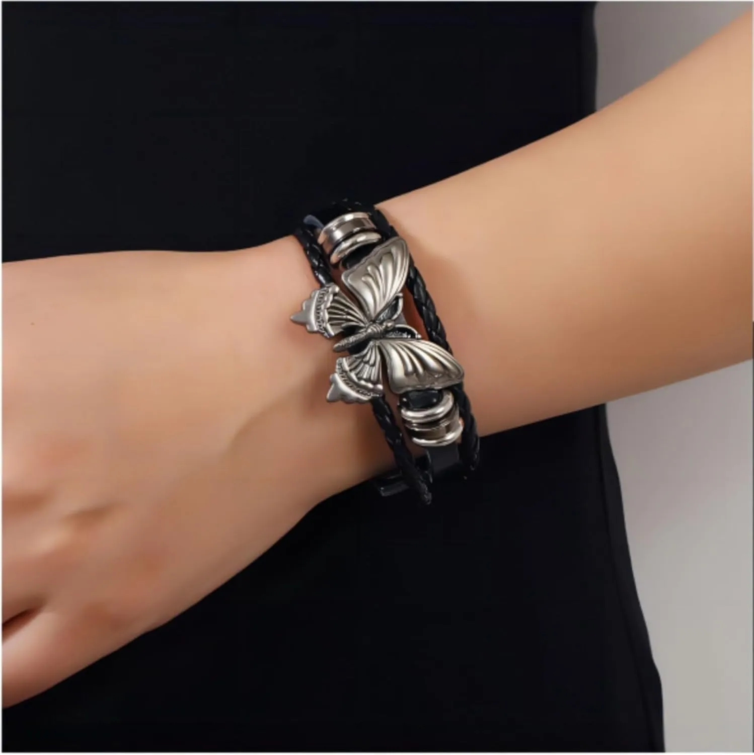 Cuff Bracelet for Women Trendy Pop Punk Grunge Retro Butterfly Faux Leather Rivet Silver Black Chocker Set Adjustable