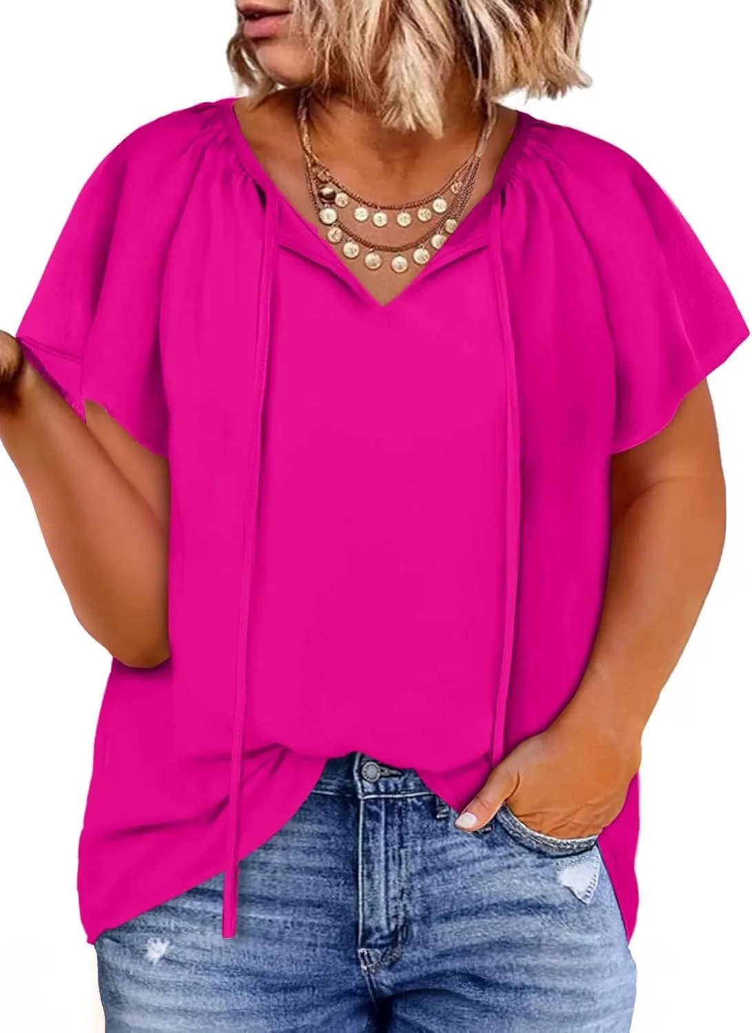 Eytino Women Plus Size Tops Boho Printed V Neck Short Sleeve Drawstring Casual Chiffon Shirts Blouse(1X-5X)