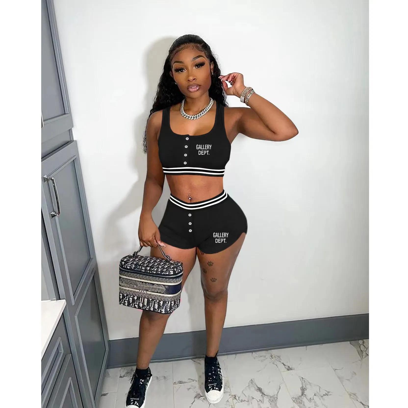 Fashion printed vest shorts set AY2978