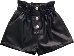 Girls Paperbag Shorts Toddler Loose Fit High Waist Pu Leather Button Front Wide Leg Pure Color Casual