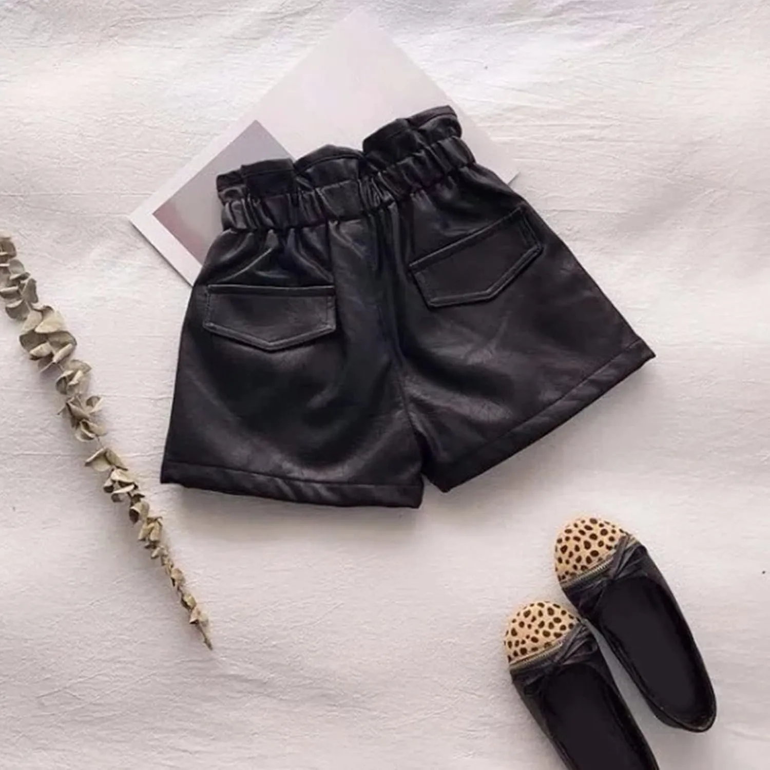 Girls Paperbag Shorts Toddler Loose Fit High Waist Pu Leather Button Front Wide Leg Pure Color Casual
