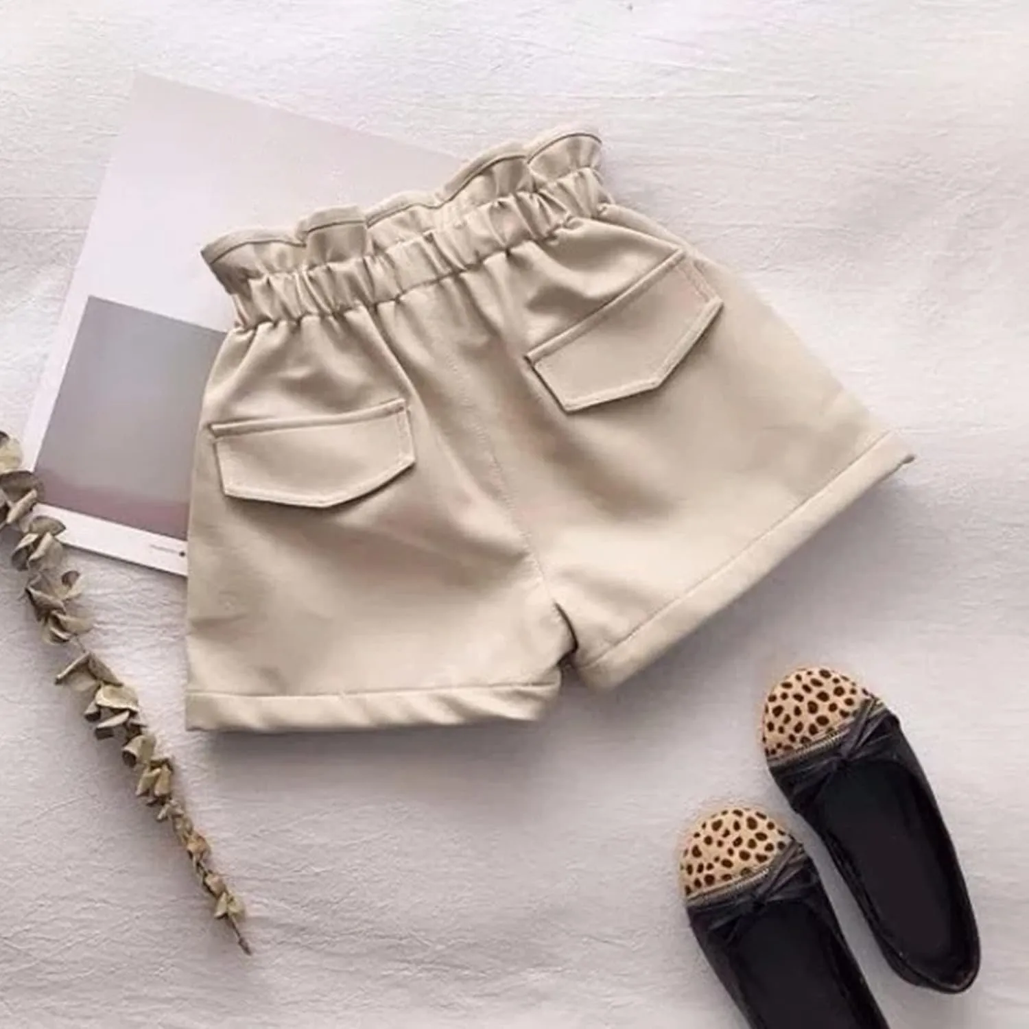 Girls Paperbag Shorts Toddler Loose Fit High Waist Pu Leather Button Front Wide Leg Pure Color Casual