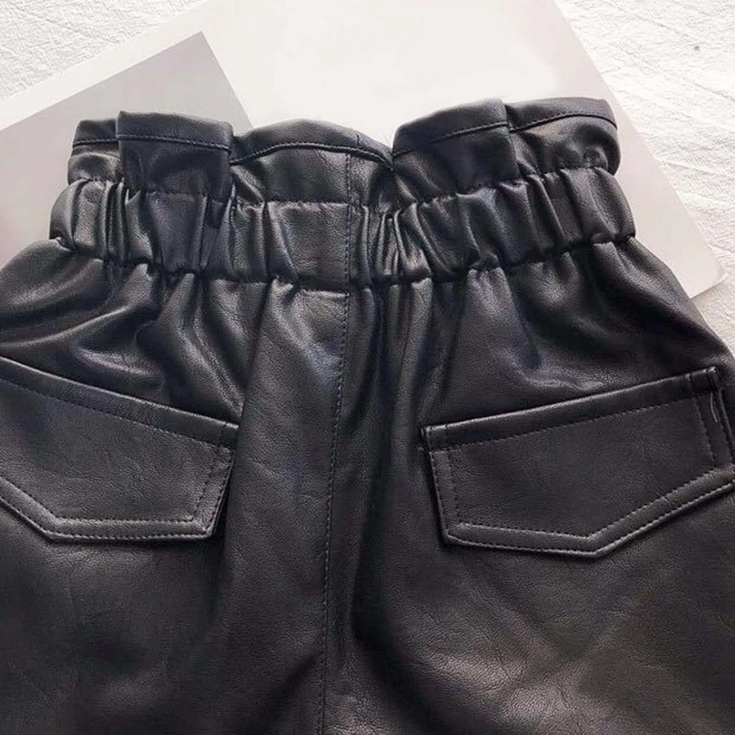 Girls Paperbag Shorts Toddler Loose Fit High Waist Pu Leather Button Front Wide Leg Pure Color Casual