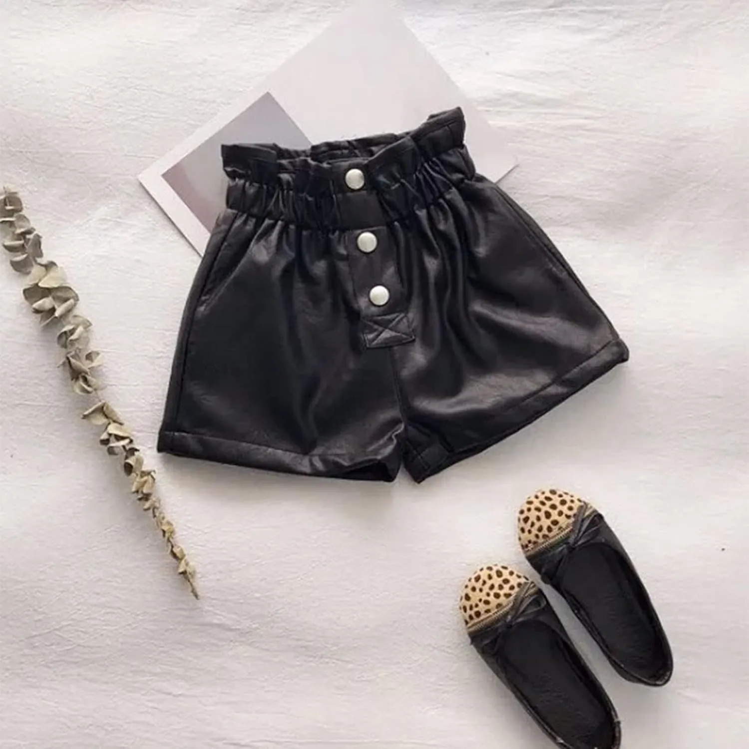 Girls Paperbag Shorts Toddler Loose Fit High Waist Pu Leather Button Front Wide Leg Pure Color Casual