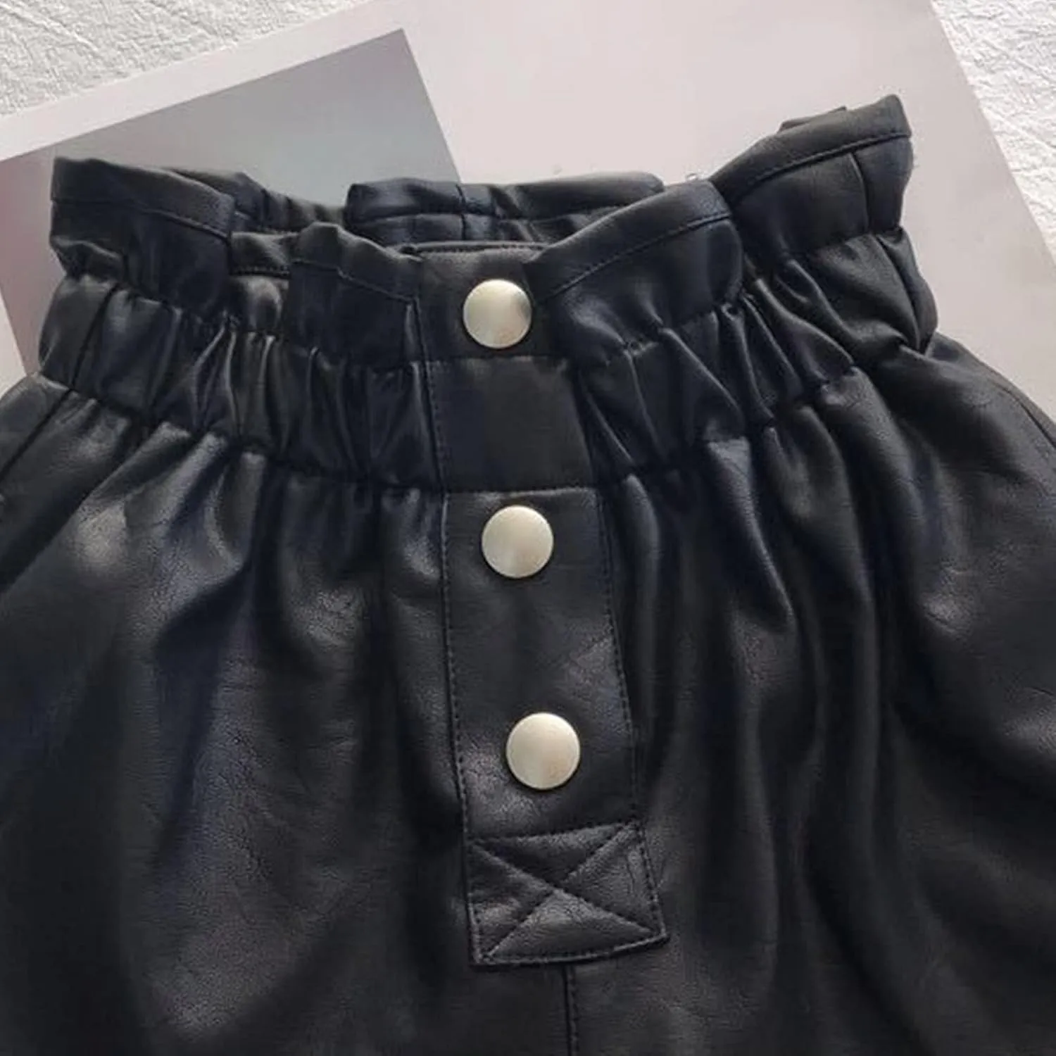 Girls Paperbag Shorts Toddler Loose Fit High Waist Pu Leather Button Front Wide Leg Pure Color Casual