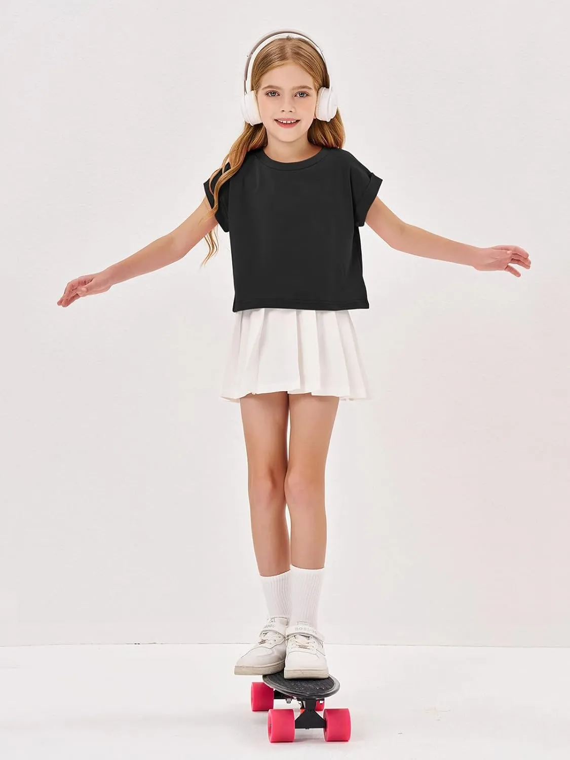 Haloumoning Girls Short Sleeve T-Shirts Crop Top Rolled Sleeve Round Neck Solid Loose Basic Tees for Summer