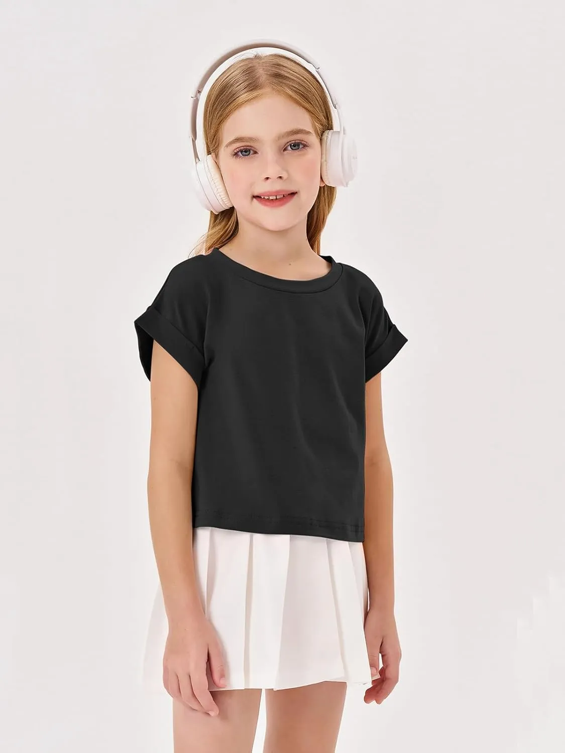 Haloumoning Girls Short Sleeve T-Shirts Crop Top Rolled Sleeve Round Neck Solid Loose Basic Tees for Summer