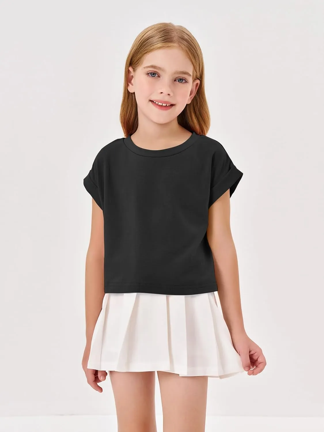 Haloumoning Girls Short Sleeve T-Shirts Crop Top Rolled Sleeve Round Neck Solid Loose Basic Tees for Summer