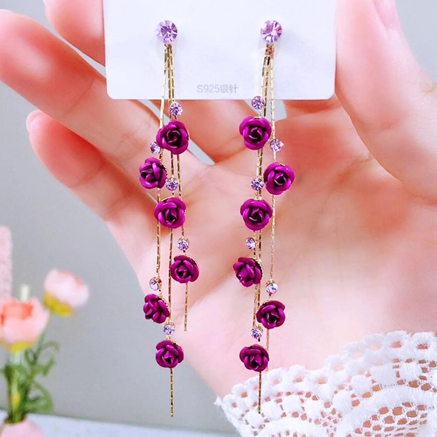 Handmade Elegant Red Purple Rose Flower Long Tassel Dangle Drop Stud Earrings with White Sparkly Crystal Statement Chic Jewelry for Women Teens