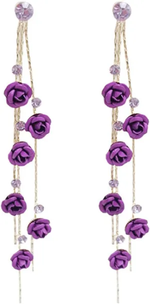 Handmade Elegant Red Purple Rose Flower Long Tassel Dangle Drop Stud Earrings with White Sparkly Crystal Statement Chic Jewelry for Women Teens