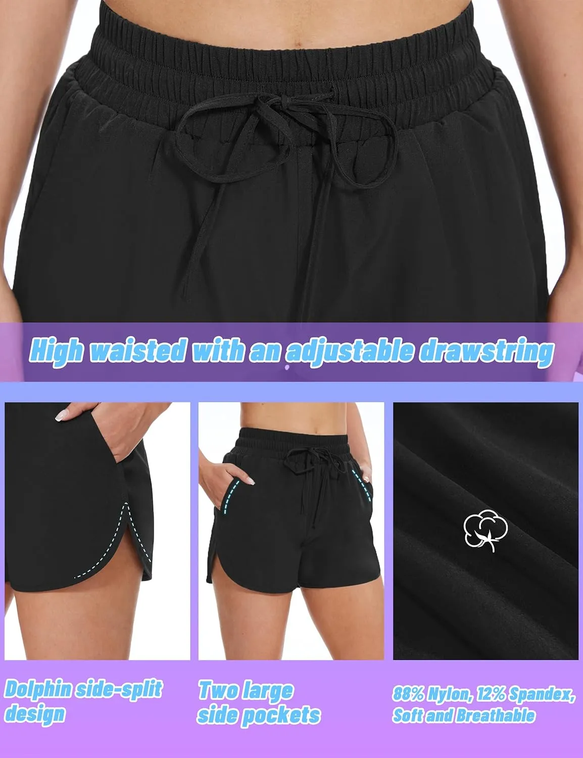 High Waisted Running Shorts for Women with Pockets, 2.5" Black Athletic Workout Gym Yoga Spandex Dolphin Shorts