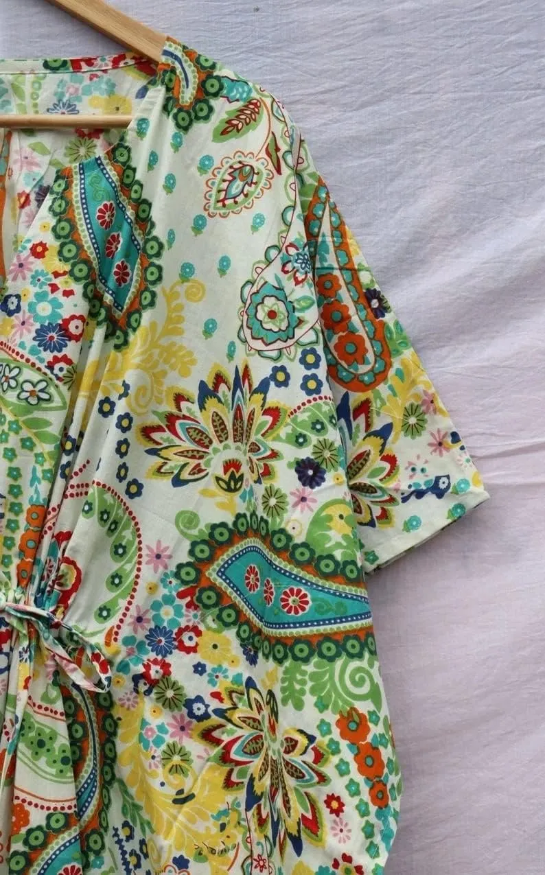 INDACORIFY 100% Cotton Kaftan Dress, Floral Printed Women Dressmaking, Handmade Indian Long Kaftan Suit, Beautiful Beach