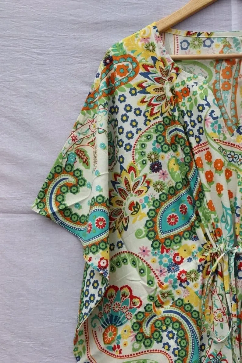 INDACORIFY 100% Cotton Kaftan Dress, Floral Printed Women Dressmaking, Handmade Indian Long Kaftan Suit, Beautiful Beach