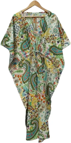 INDACORIFY 100% Cotton Kaftan Dress, Floral Printed Women Dressmaking, Handmade Indian Long Kaftan Suit, Beautiful Beach