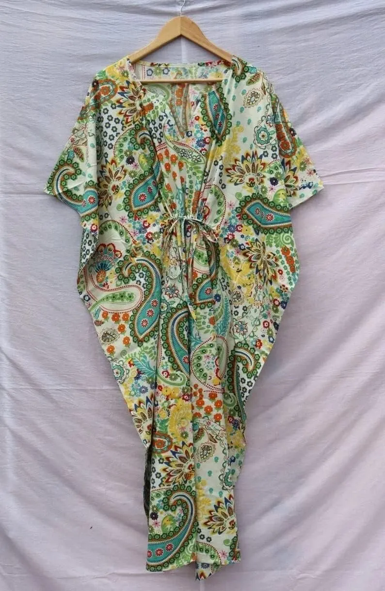 INDACORIFY 100% Cotton Kaftan Dress, Floral Printed Women Dressmaking, Handmade Indian Long Kaftan Suit, Beautiful Beach
