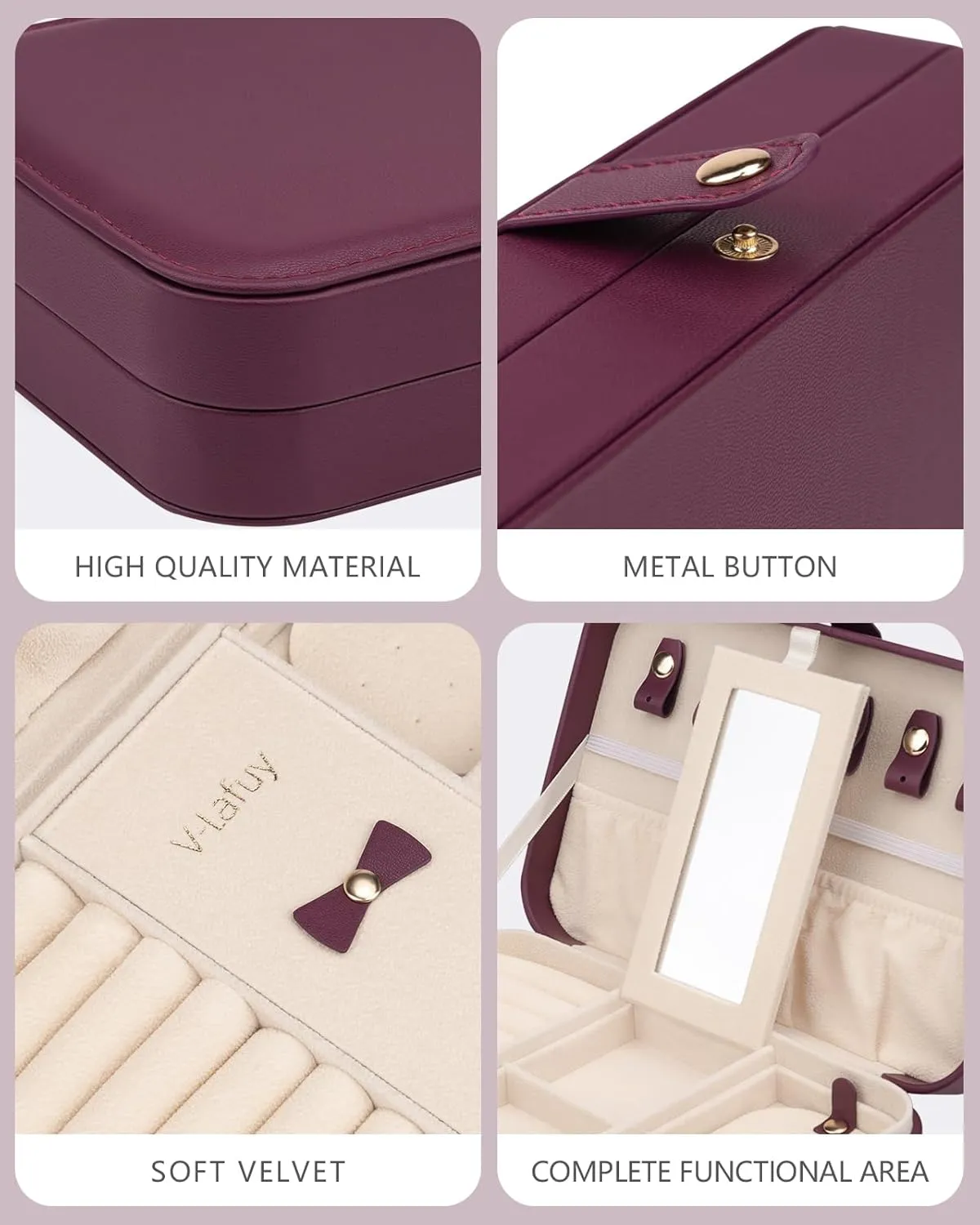 Jewelry Organizer - Portable Travel Jewelry Box with Mirror, Small PU Leather Jewelry Case for Women, Burgundy Red