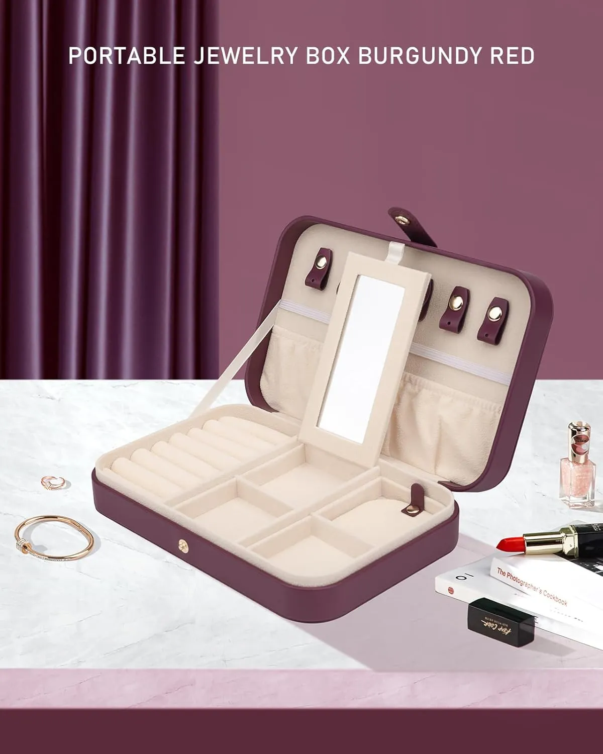 Jewelry Organizer - Portable Travel Jewelry Box with Mirror, Small PU Leather Jewelry Case for Women, Burgundy Red