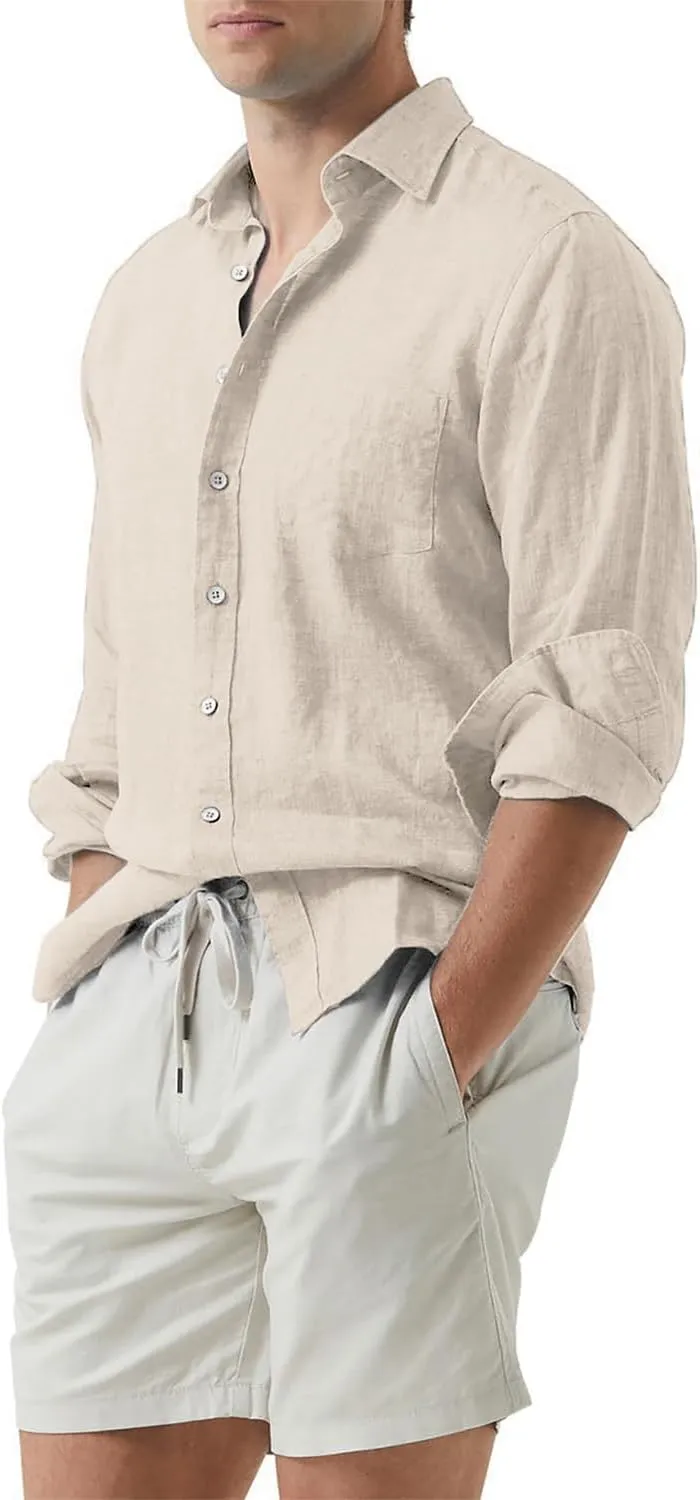 JMIERR Mens Cotton Linen Casual Stylish Button Down Shirt Long Sleeve Dress Shirts