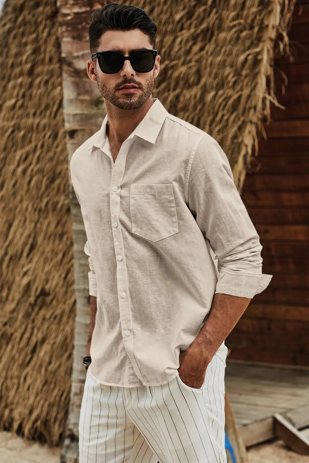 JMIERR Mens Cotton Linen Casual Stylish Button Down Shirt Long Sleeve Dress Shirts