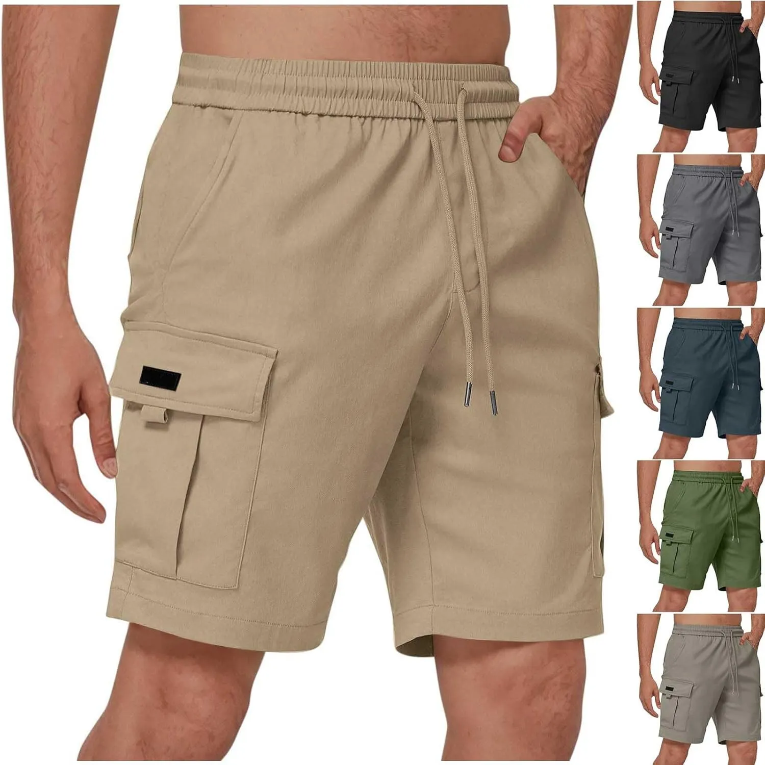Men's Shorts Hiking Cargo Casual Outdoor Drawstring Elastic Waist Shorts Multi Pockets Fashion Summer Short Pants