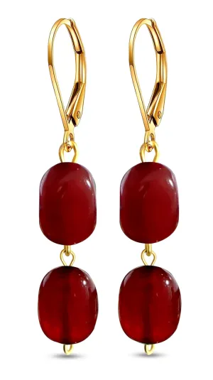 Natural Two Irregular Red Garnet Stone Drop Earrings,14K Gold Plated Dainty Gemstone Dangle Earrings,Genuine Quartz Crystal Statement Earrings for Women (A07_Red Garnet)