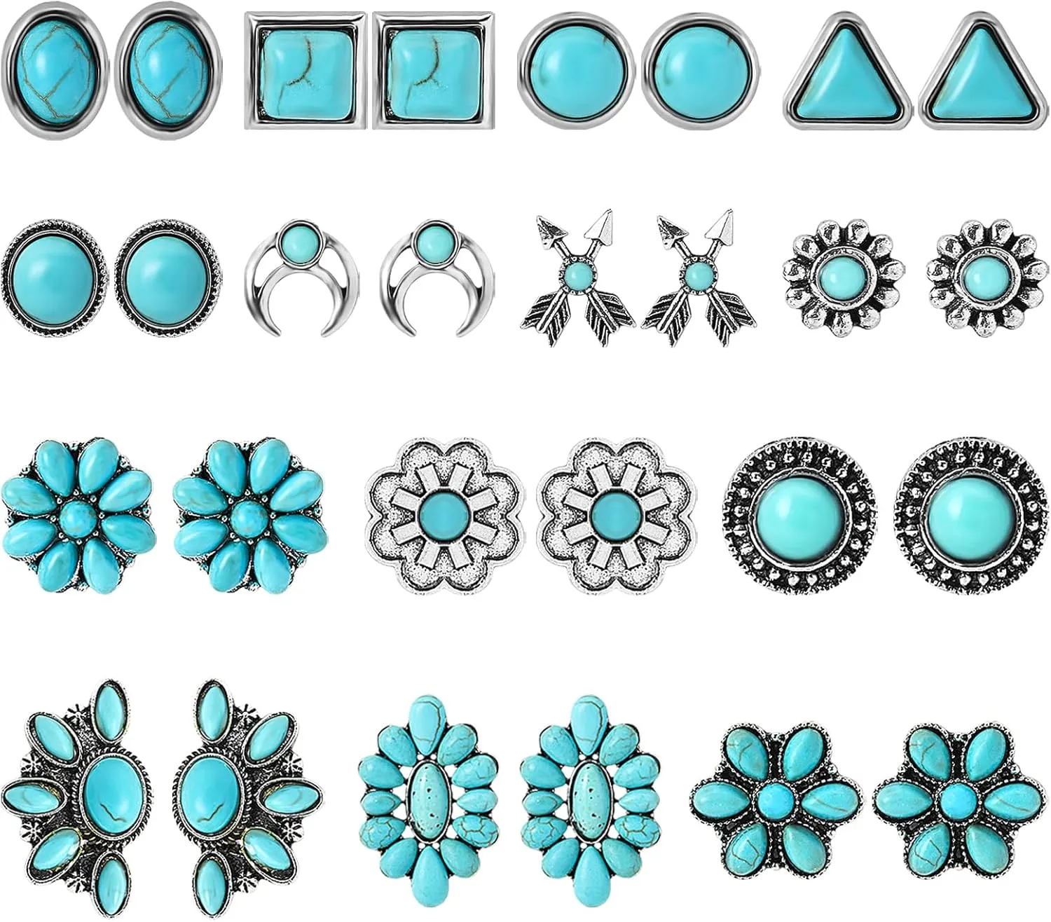 NEWITIN 14 Pairs Turquoise Stud Earrings for Women Hypoallergenic Earring Turquoises Jewelry Gemstone Oval Round Flower Shape Square Studs Turquoise Earrings for Women
