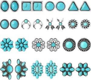 NEWITIN 14 Pairs Turquoise Stud Earrings for Women Hypoallergenic Earring Turquoises Jewelry Gemstone Oval Round Flower Shape Square Studs Turquoise Earrings for Women