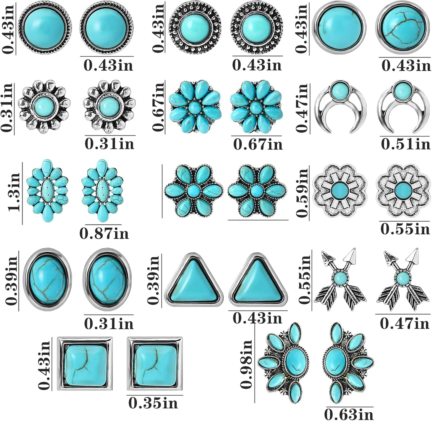 NEWITIN 14 Pairs Turquoise Stud Earrings for Women Hypoallergenic Earring Turquoises Jewelry Gemstone Oval Round Flower Shape Square Studs Turquoise Earrings for Women