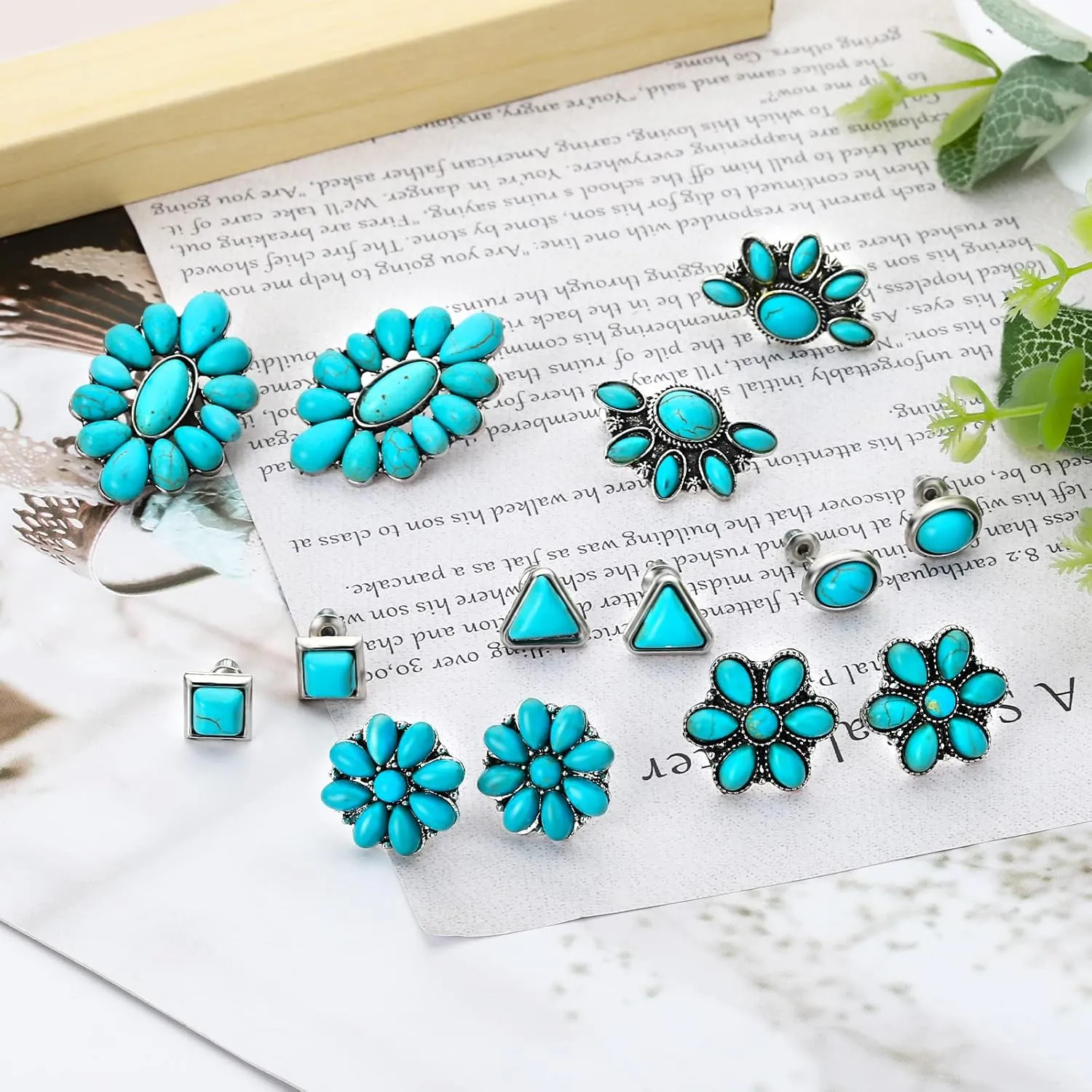 NEWITIN 14 Pairs Turquoise Stud Earrings for Women Hypoallergenic Earring Turquoises Jewelry Gemstone Oval Round Flower Shape Square Studs Turquoise Earrings for Women