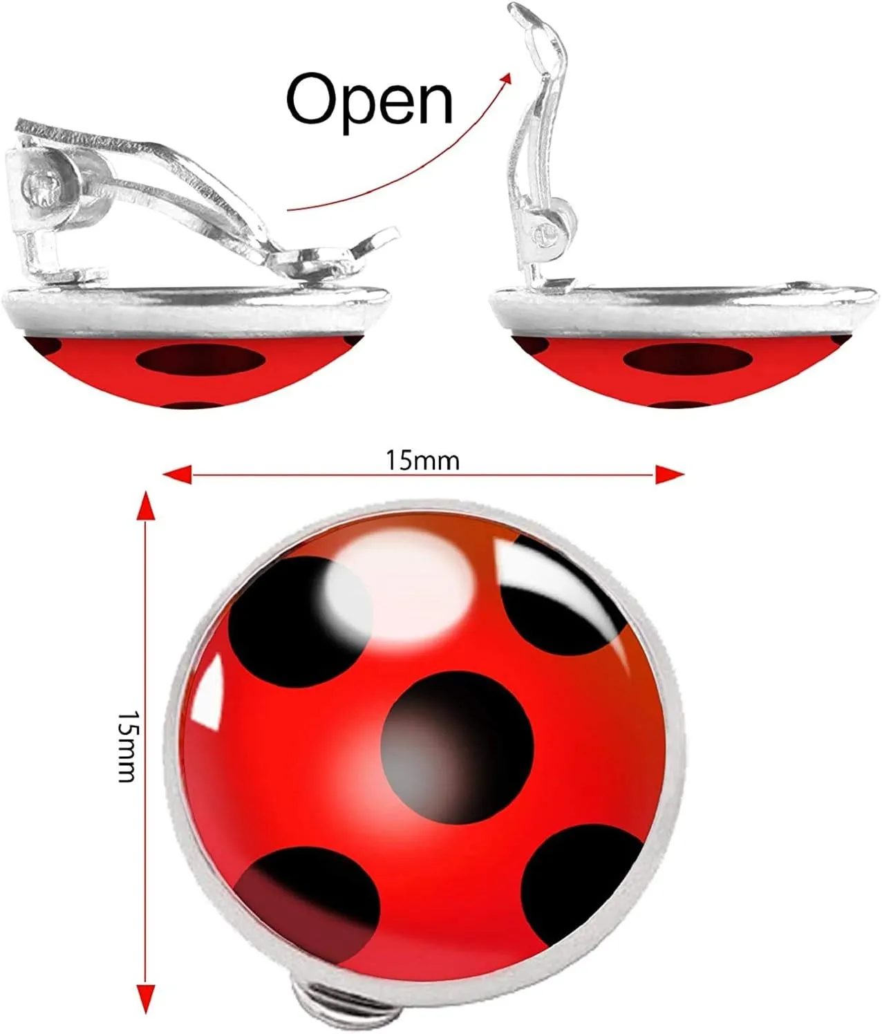 OHINGLT Ladybug Clip on Earrings for Woman Silver Ear Cuff Black Spot Red Ladybug Earring