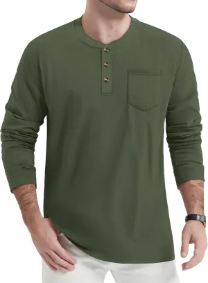 TACVASEN Men's Cotton Henley Shirts Long Slevee 3-Button with Pocket Moisture Wicking Casual Shirts
