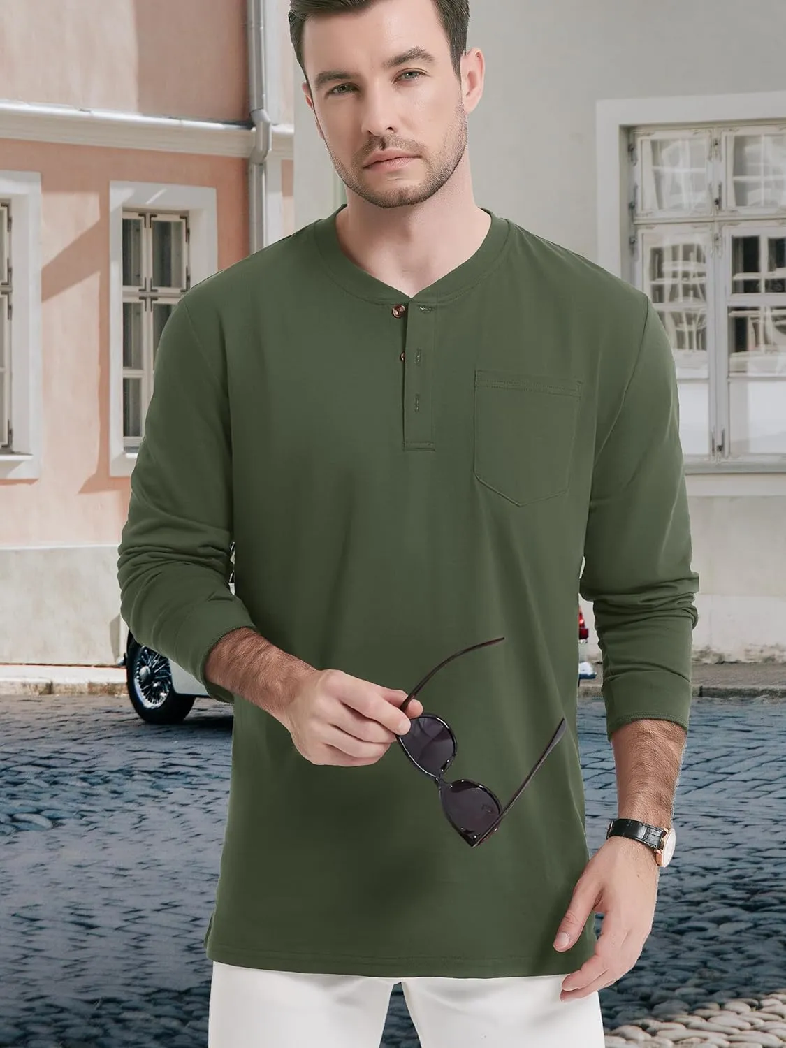 TACVASEN Men's Cotton Henley Shirts Long Slevee 3-Button with Pocket Moisture Wicking Casual Shirts