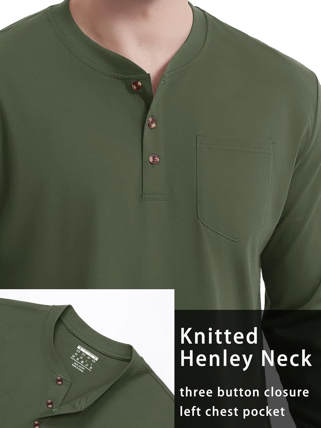 TACVASEN Men's Cotton Henley Shirts Long Slevee 3-Button with Pocket Moisture Wicking Casual Shirts