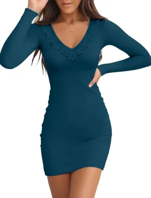 Valiamcep Women's Mini Dress V Neck Ruffle Long Sleeve Ribbed Slim Fitted Bodycon Pencil Dresses