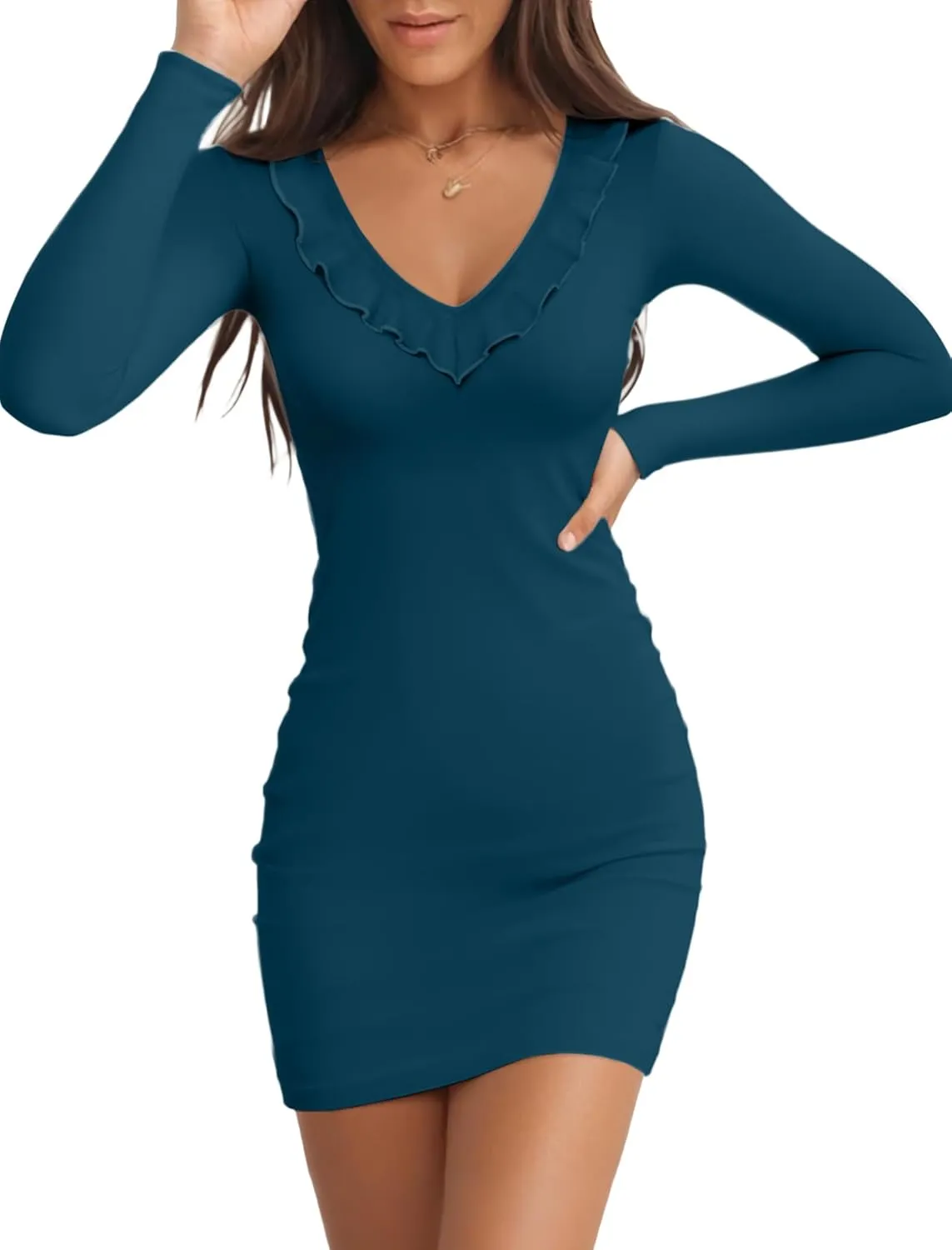 Valiamcep Women's Mini Dress V Neck Ruffle Long Sleeve Ribbed Slim Fitted Bodycon Pencil Dresses