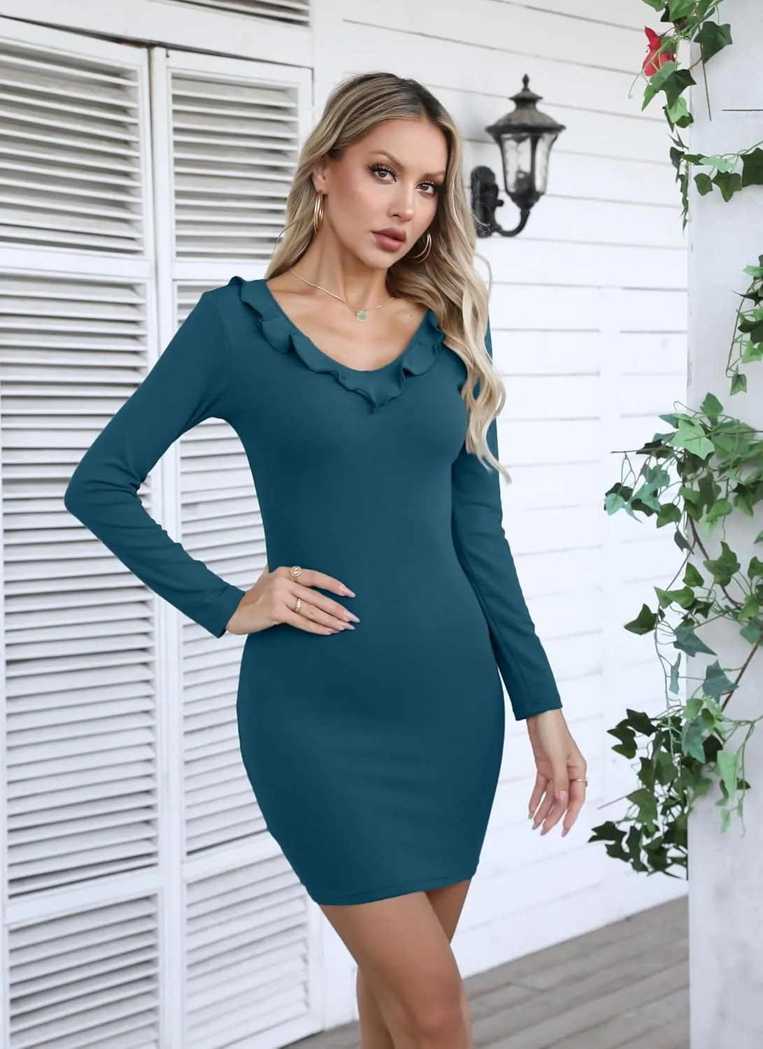 Valiamcep Women's Mini Dress V Neck Ruffle Long Sleeve Ribbed Slim Fitted Bodycon Pencil Dresses