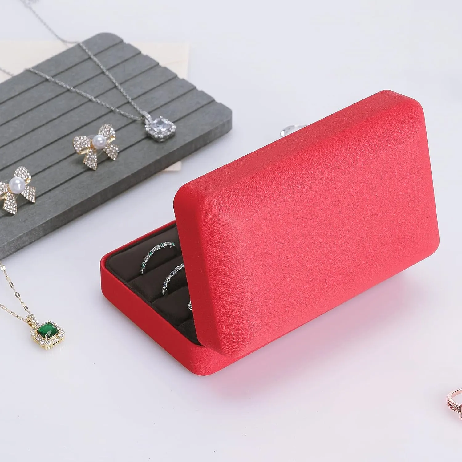 Velet Ring Storage Box for Multiple Rings, Travel Jewelry Ring Stud Earrings Holder Case, 3 Slot Portable Ring Display Organizer Case (Red)