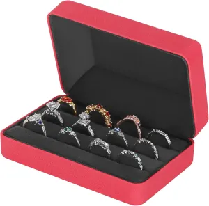 Velet Ring Storage Box for Multiple Rings, Travel Jewelry Ring Stud Earrings Holder Case, 3 Slot Portable Ring Display Organizer Case (Red)