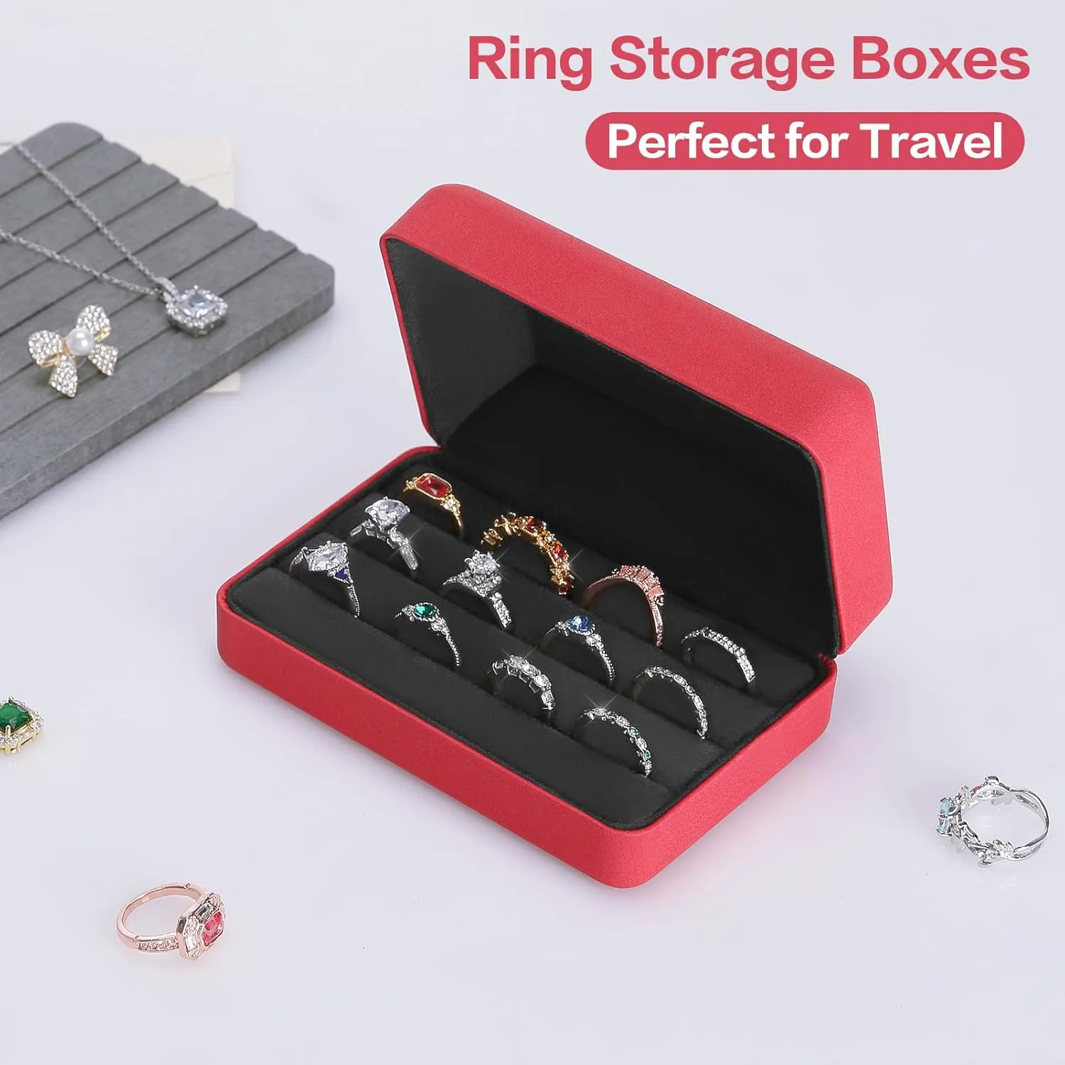 Velet Ring Storage Box for Multiple Rings, Travel Jewelry Ring Stud Earrings Holder Case, 3 Slot Portable Ring Display Organizer Case (Red)
