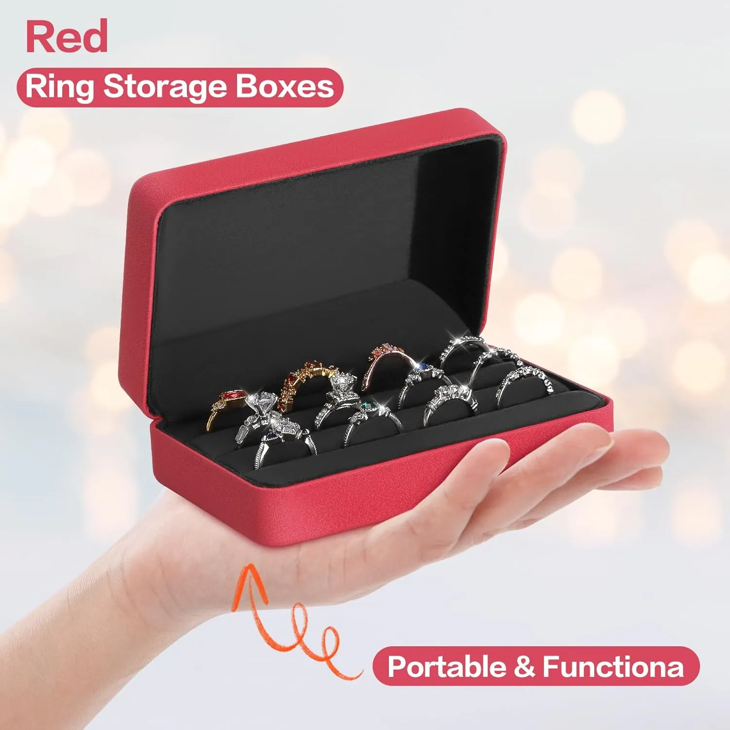Velet Ring Storage Box for Multiple Rings, Travel Jewelry Ring Stud Earrings Holder Case, 3 Slot Portable Ring Display Organizer Case (Red)