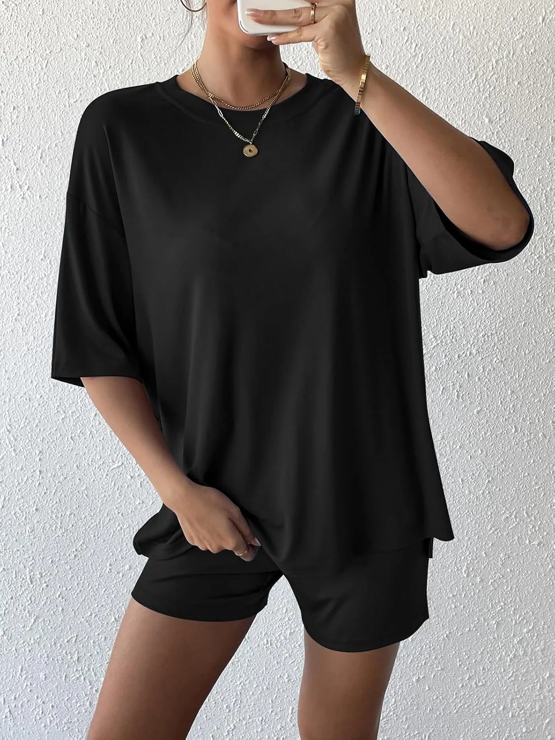 Womens 2 Piece Lounge Sets 2025 Summer Travel Outfits Casual Short Sleeve Oversized Tshirts Tops Biker Shorts