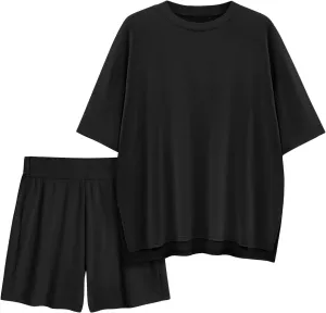 Womens 2 Piece Lounge Sets 2025 Summer Travel Outfits Casual Short Sleeve Oversized Tshirts Tops Biker Shorts