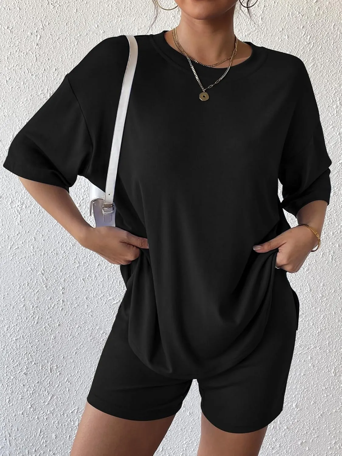 Womens 2 Piece Lounge Sets 2025 Summer Travel Outfits Casual Short Sleeve Oversized Tshirts Tops Biker Shorts