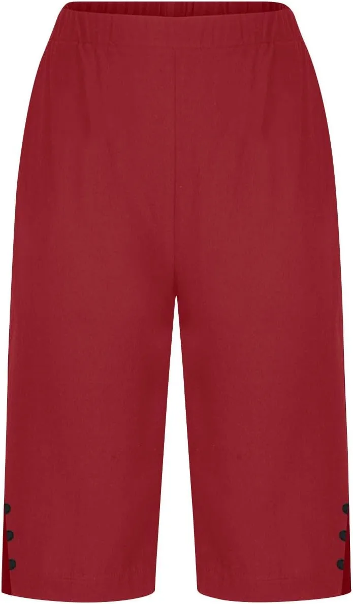 Womens Bermuda Shorts Summer Cotton Linen Knee Length Pants Dressy Casual Elastic Waist Beach Outfits with Pockets