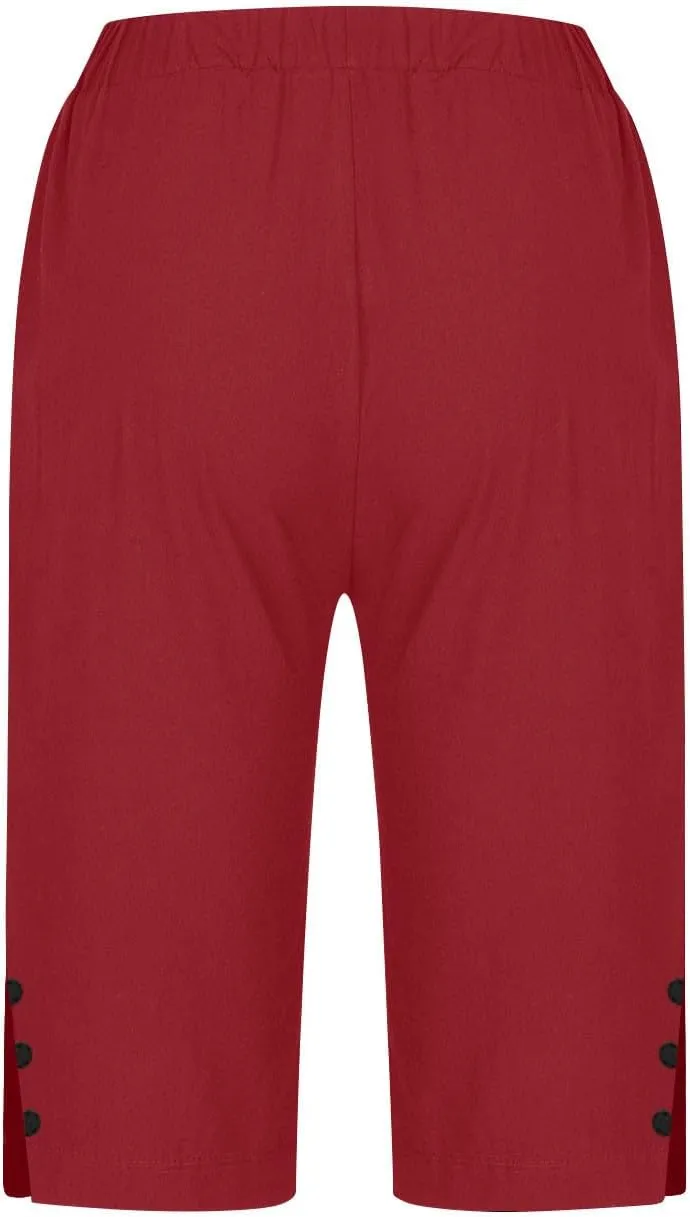 Womens Bermuda Shorts Summer Cotton Linen Knee Length Pants Dressy Casual Elastic Waist Beach Outfits with Pockets