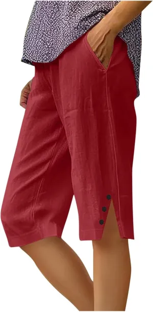 Womens Bermuda Shorts Summer Cotton Linen Knee Length Pants Dressy Casual Elastic Waist Beach Outfits with Pockets