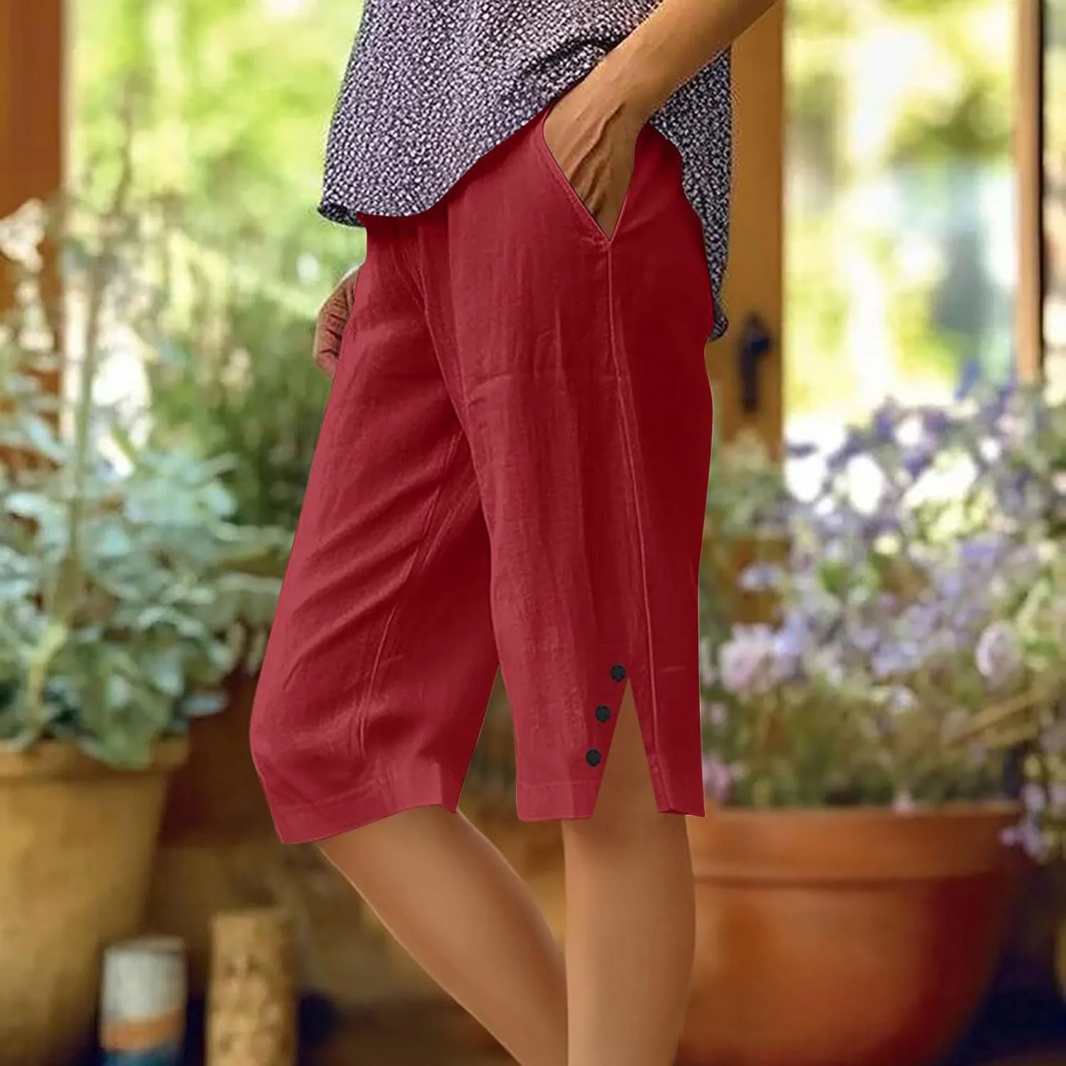 Womens Bermuda Shorts Summer Cotton Linen Knee Length Pants Dressy Casual Elastic Waist Beach Outfits with Pockets