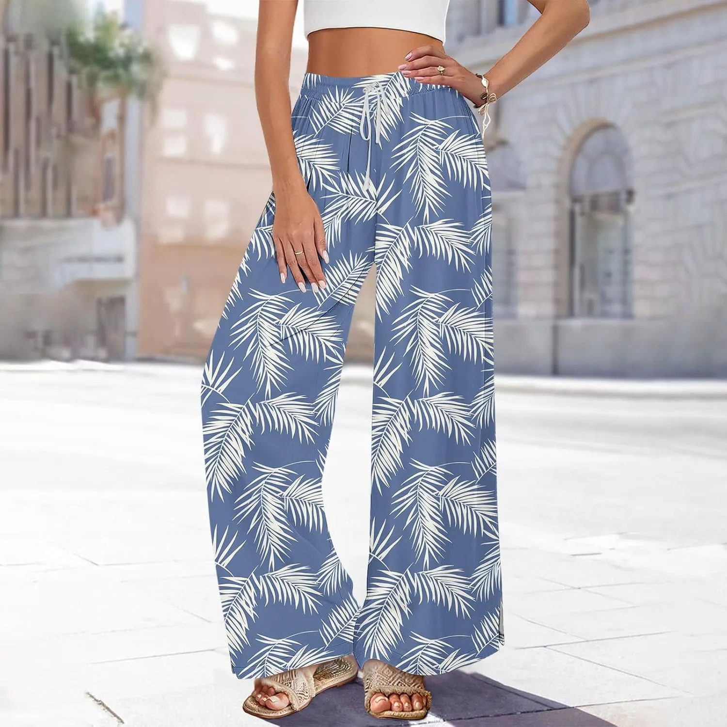 Womens Drawstring Print Pants Elastic Waist Wide Leg Elegant Palazzo Trousers Comfy Lightweight Lounge Pant with Pockets